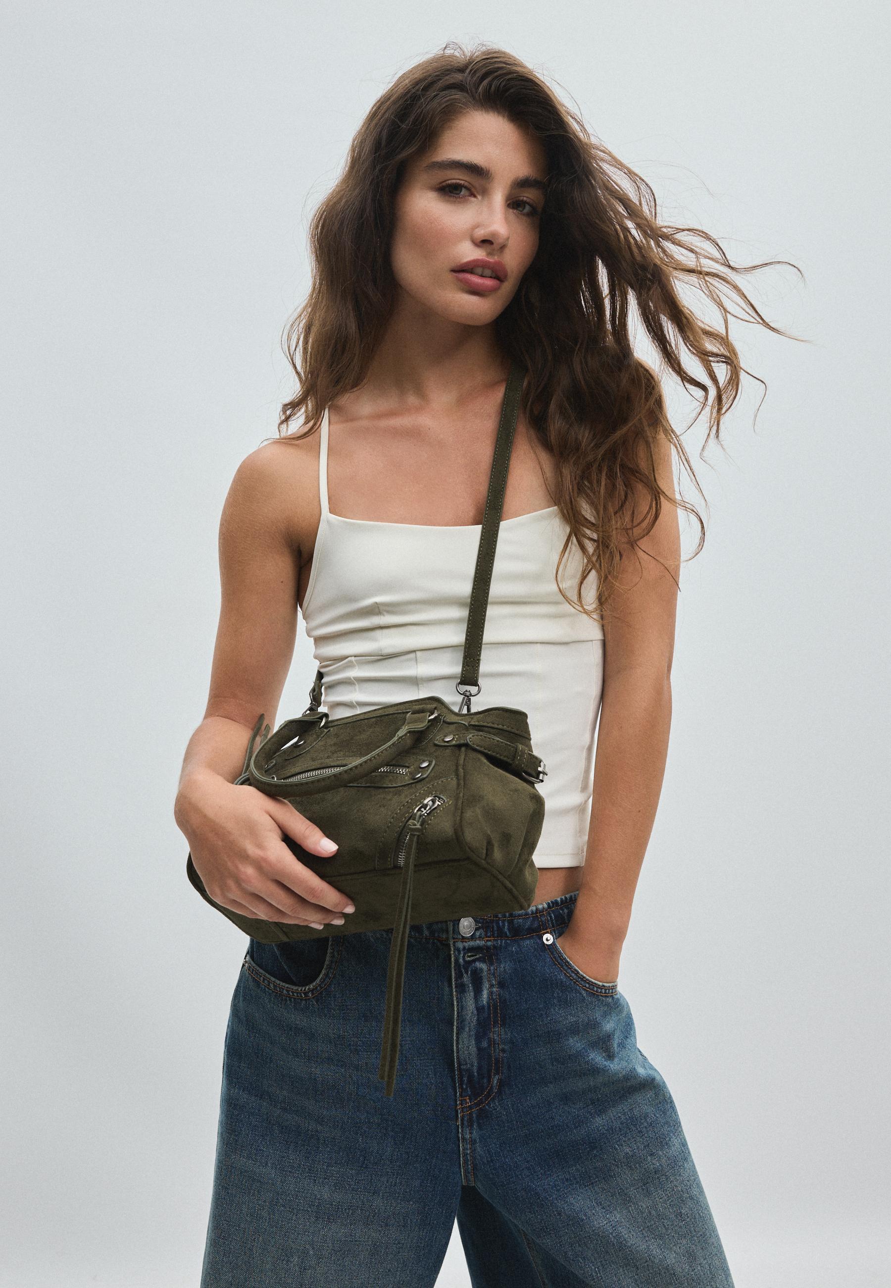 Studded city bag with zip pullers — Khaki
