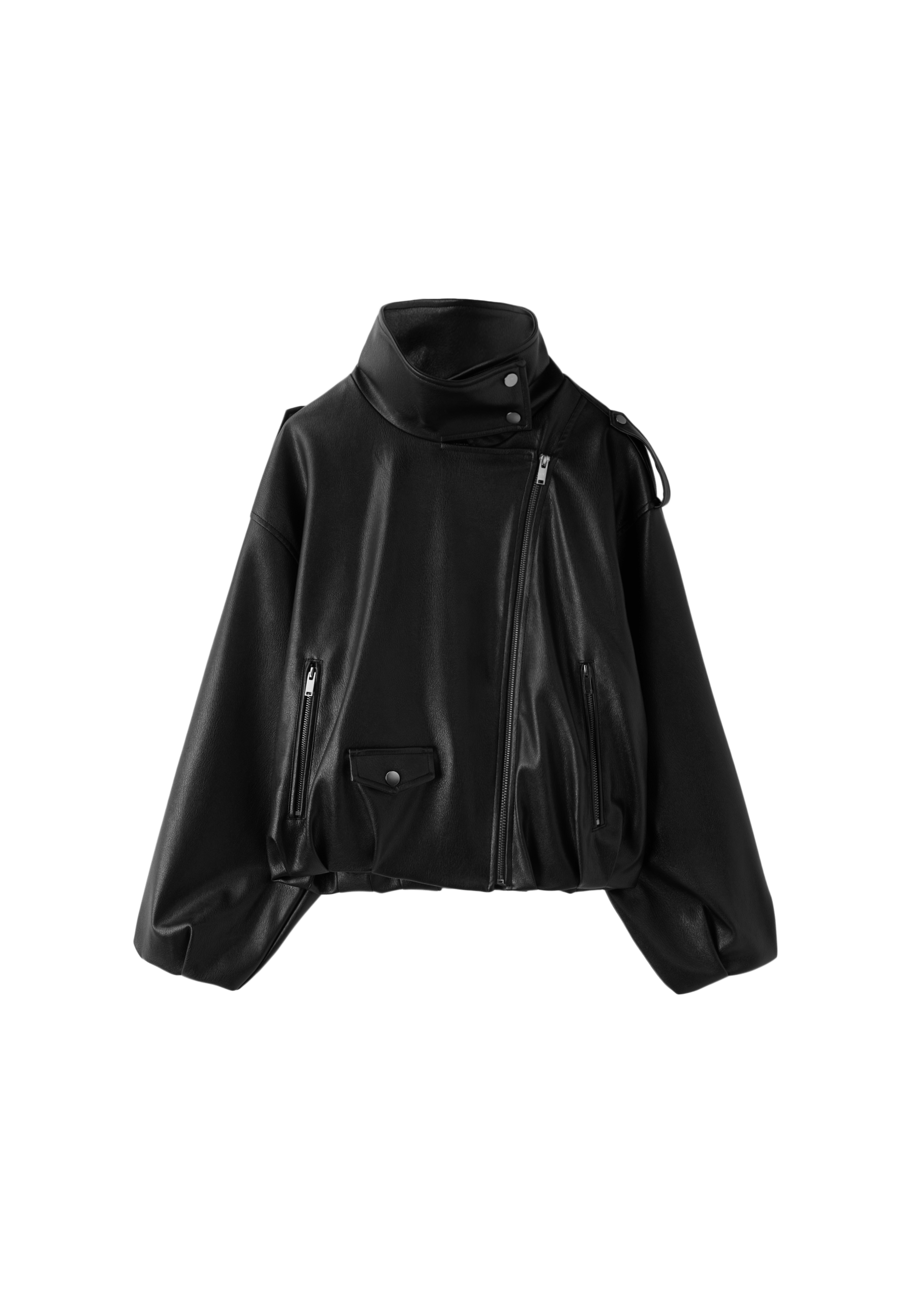 Leather effect balloon sleeve biker jacket — Black