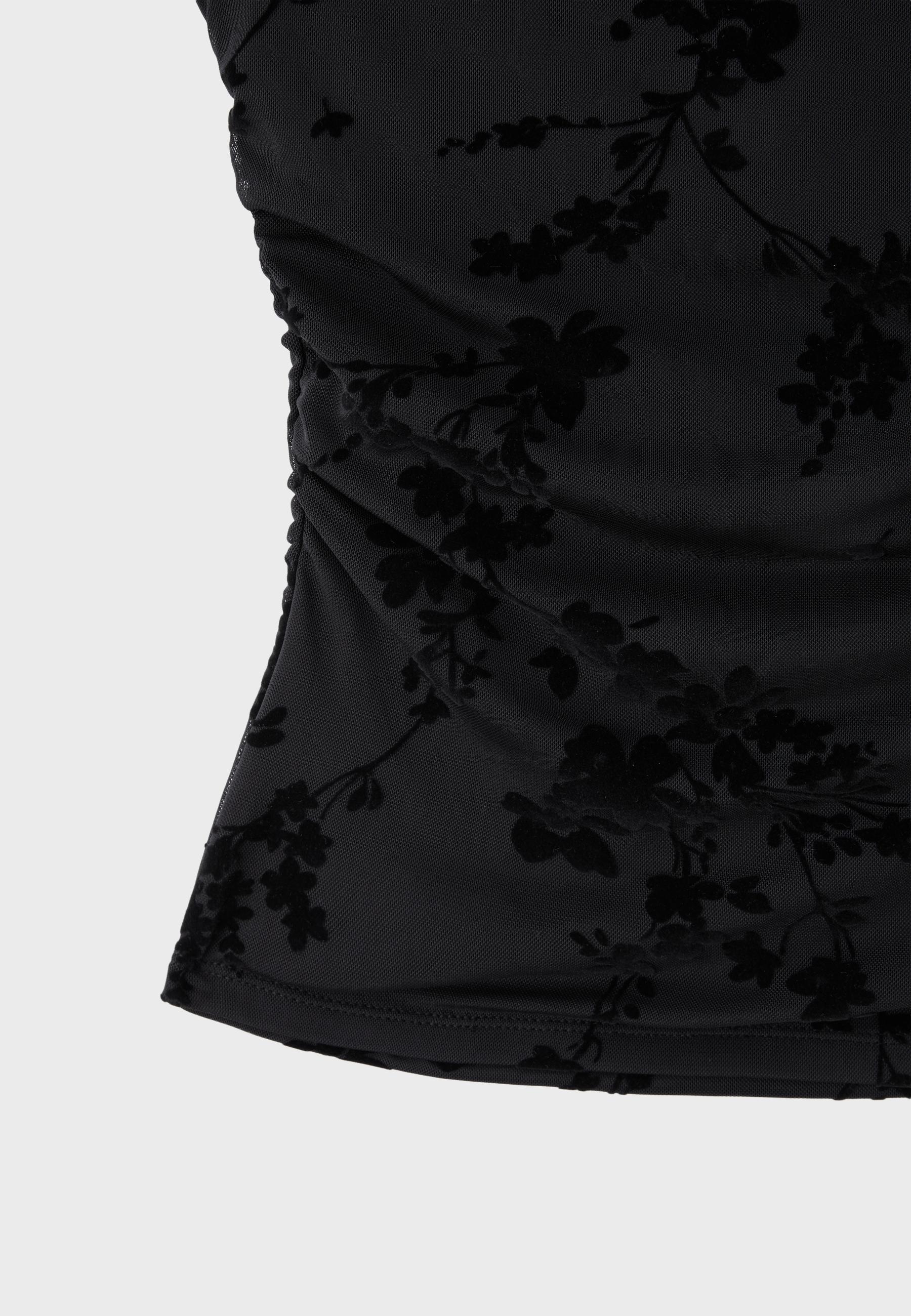 Flocked sleeveless funnel neck T-shirt — Black