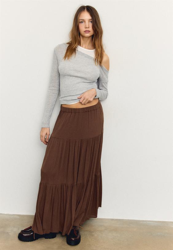Stradivarius Boho Midi Skirt Brown M