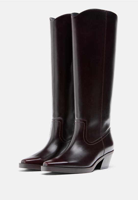 Stradivarius Brown Plain Shaft Cowgirl Boots Burgundy 5