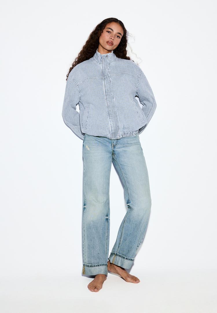Stradivarius Denim Τζάκετ Ρίγες Γκρι Ανοιχτό Xl