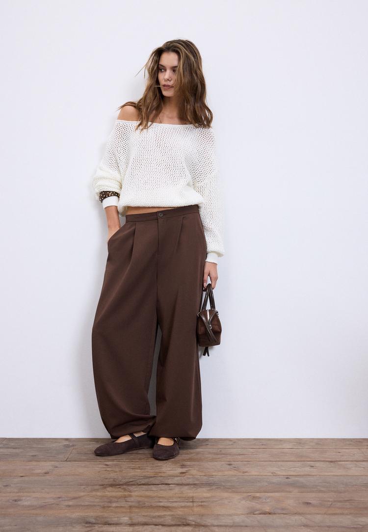 Stradivarius Pulover Din Tricot Plasă Cu Guler Barcă Ecru L