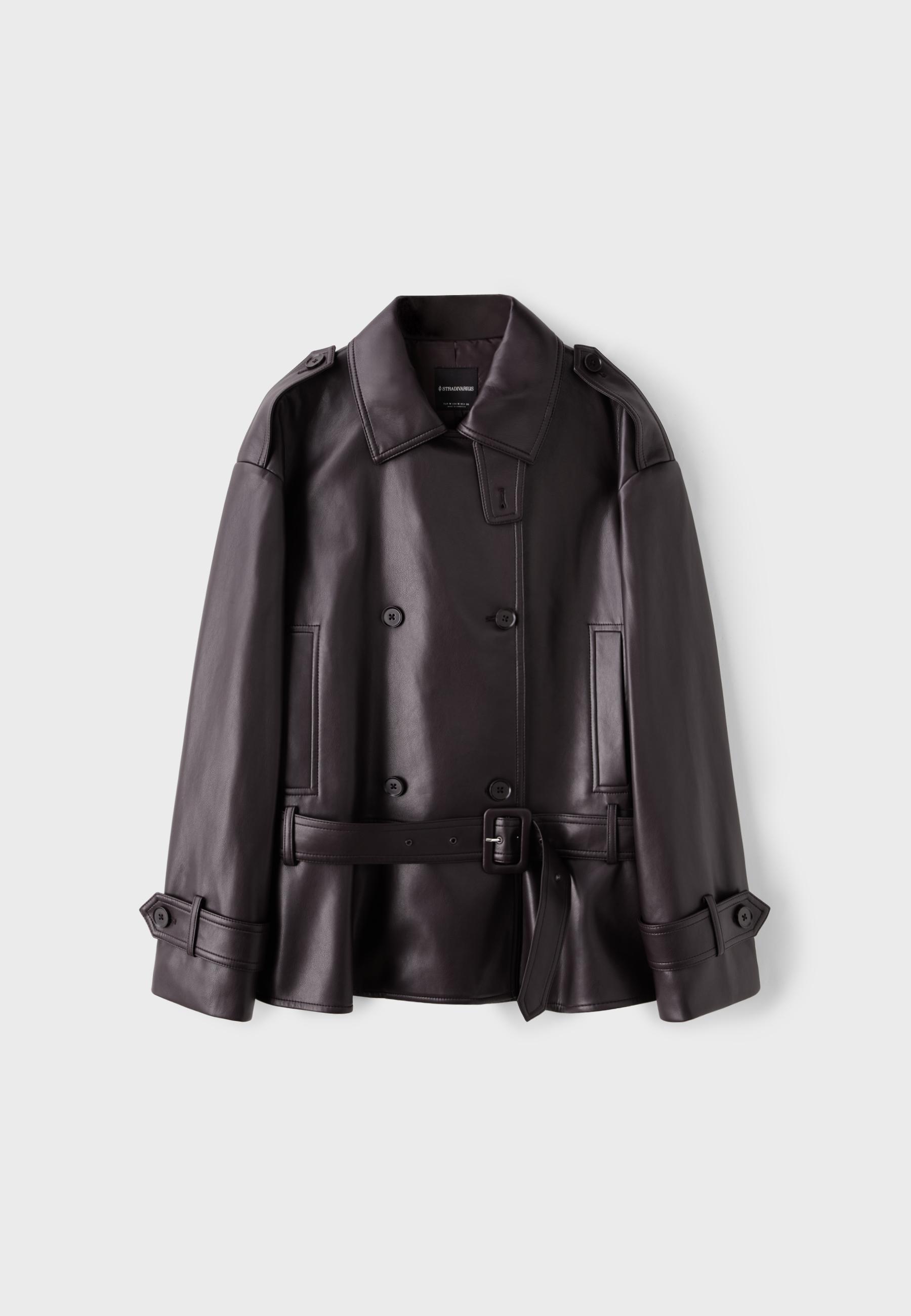 Leather effect peplum trench coat — Purple