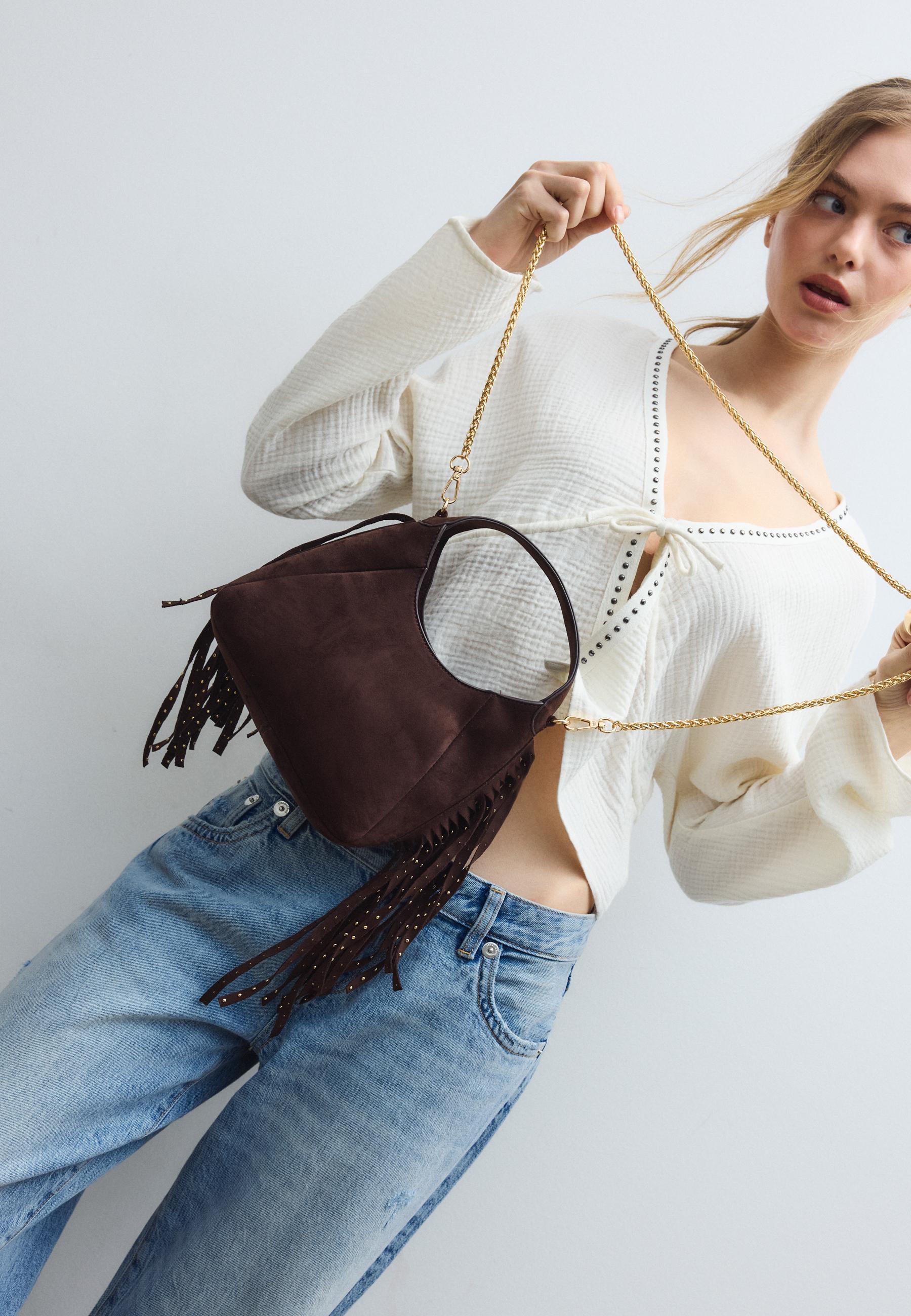 Shoulder bag with side fringes — Brown