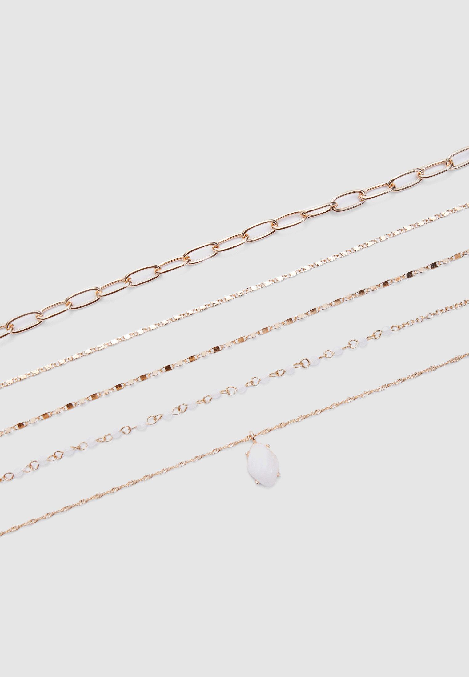 Set of 5 pink stone charm necklaces — Gold