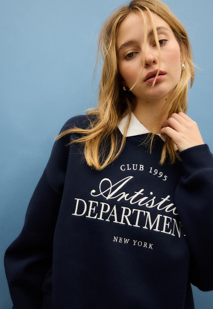 Stradivarius Φούτερ Με Κέντημα Και Γιακά Polo Σκούρο Μπλε Xl