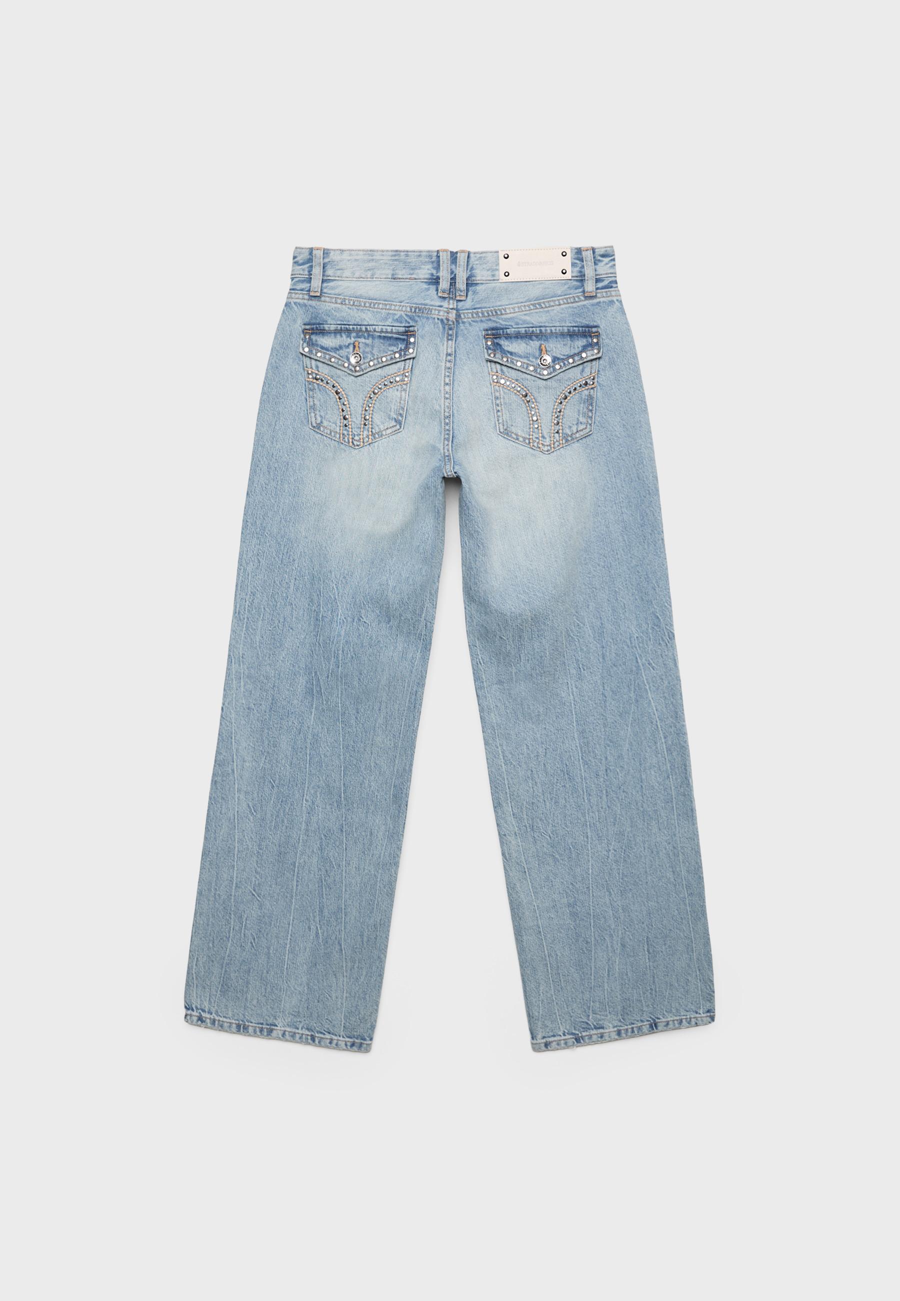 Low-rise straight jeans with studded pockets — OVERDYED BLUE DENIM