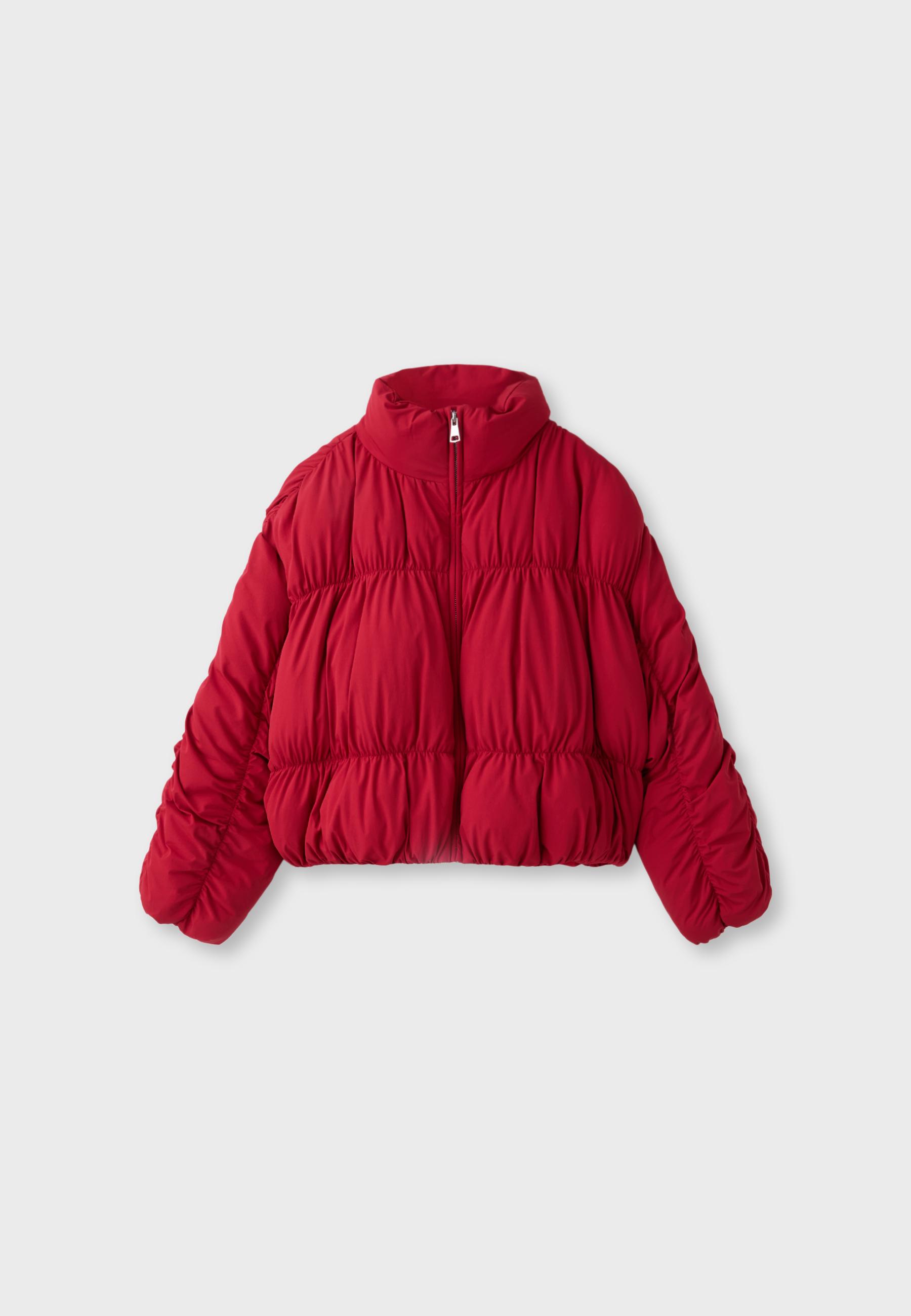 Padded jacket with high neck and gathered detail — Dark red