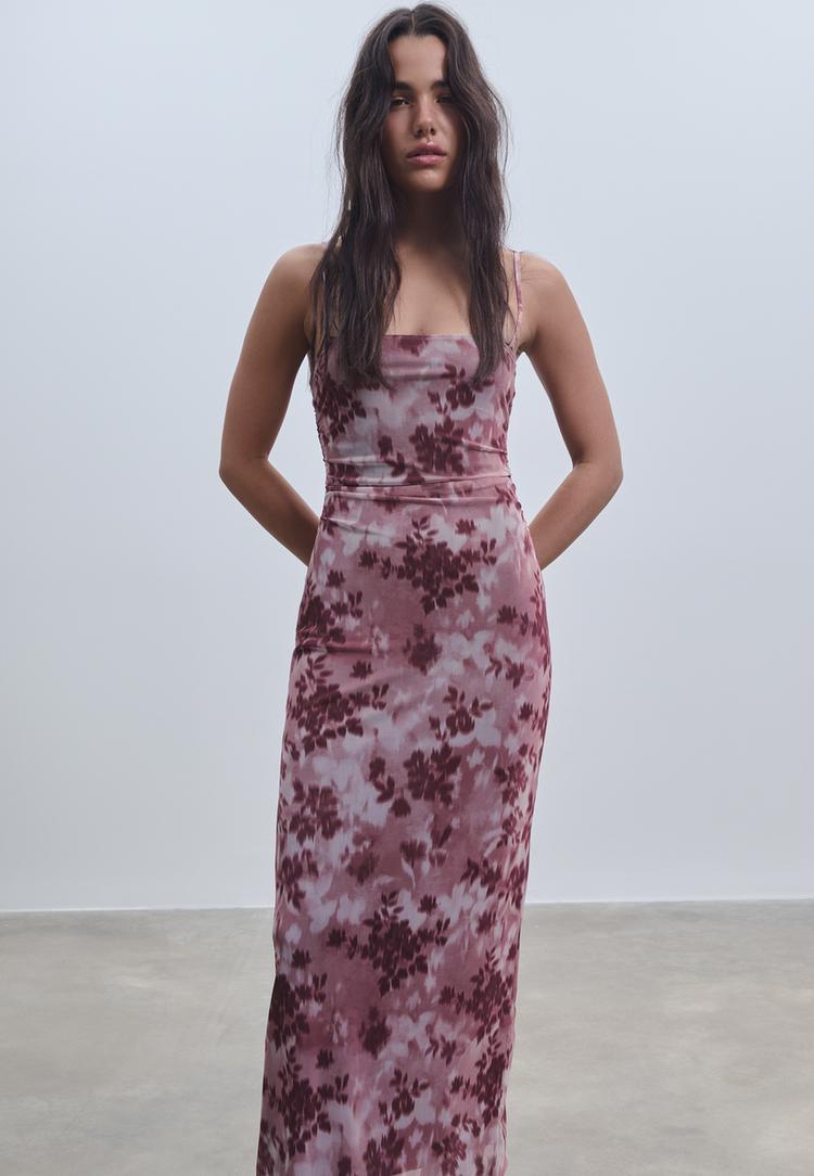 vestido midi tul estampado