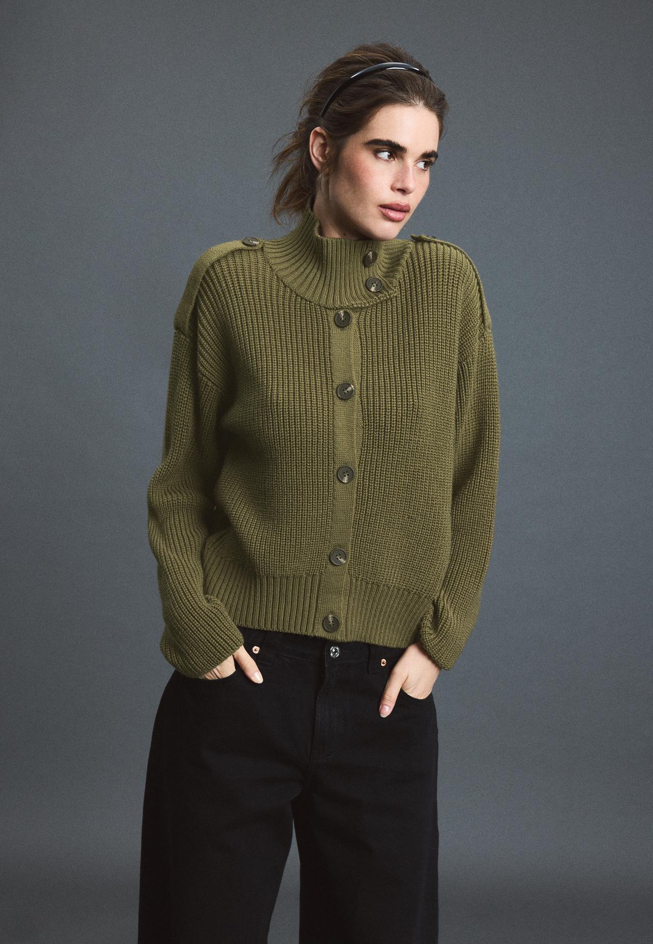 High neck button-up knit cardigan — Khaki