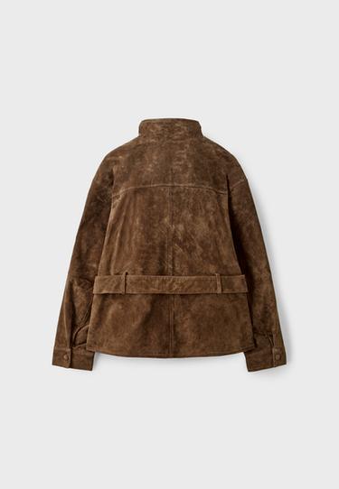 100% leather high neck trench coat with belt — Brown 9