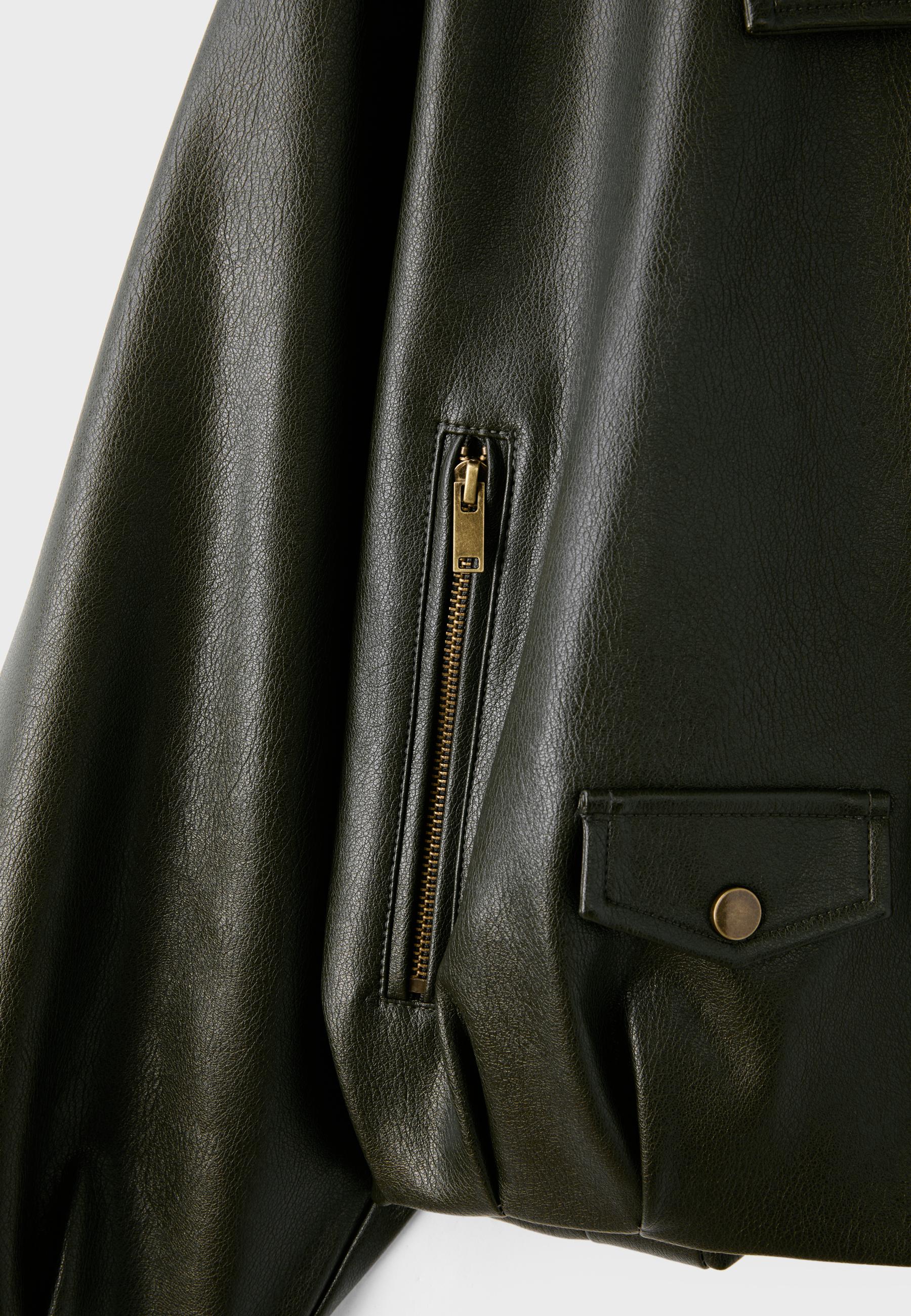 Leather effect balloon sleeve biker jacket — Green
