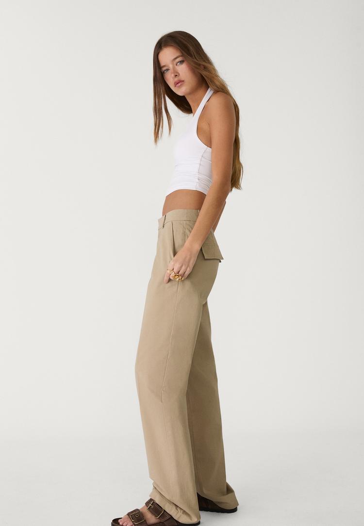 straight leg poplin trousers with pockets