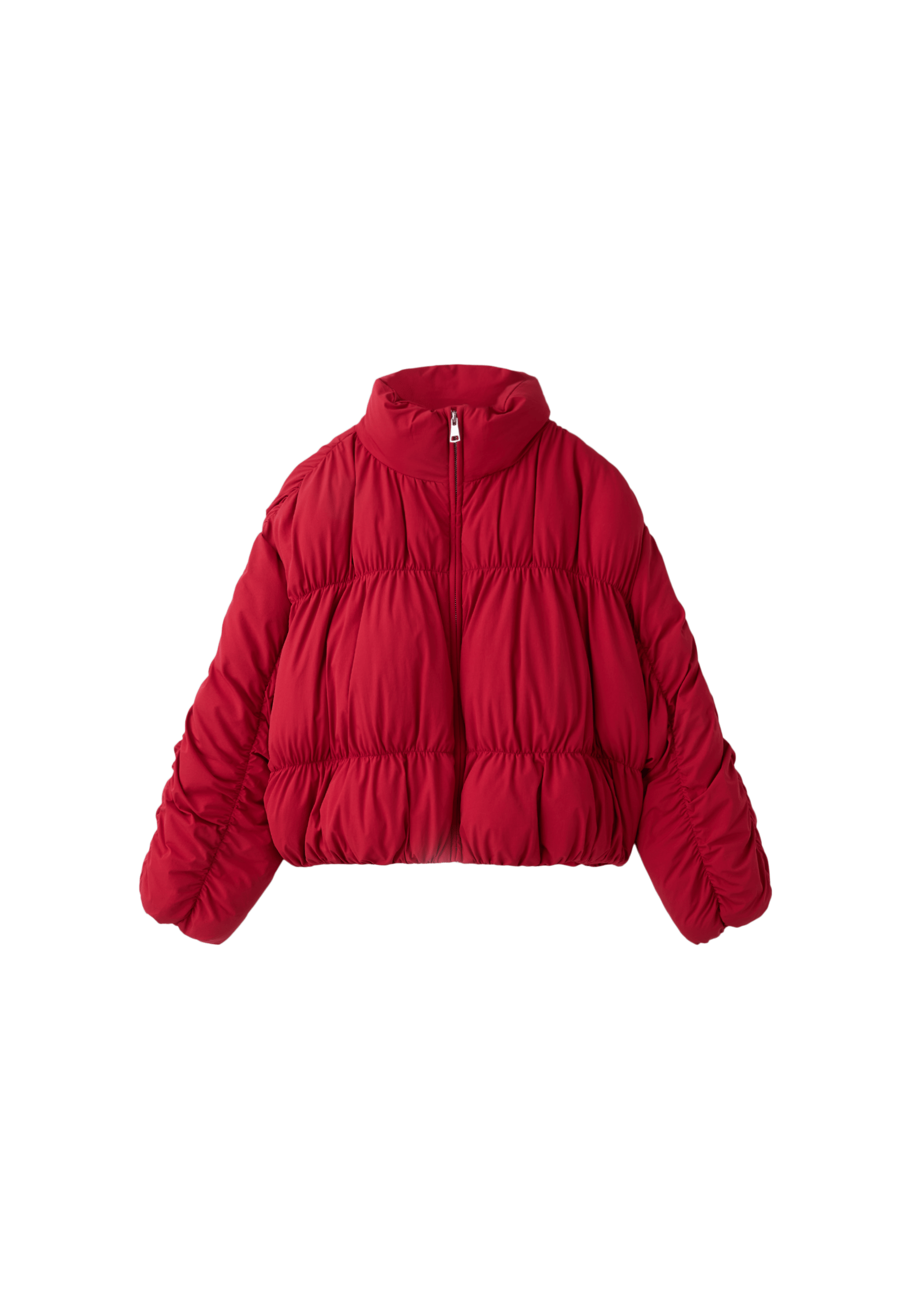 Padded jacket with high neck and gathered detail — Dark red