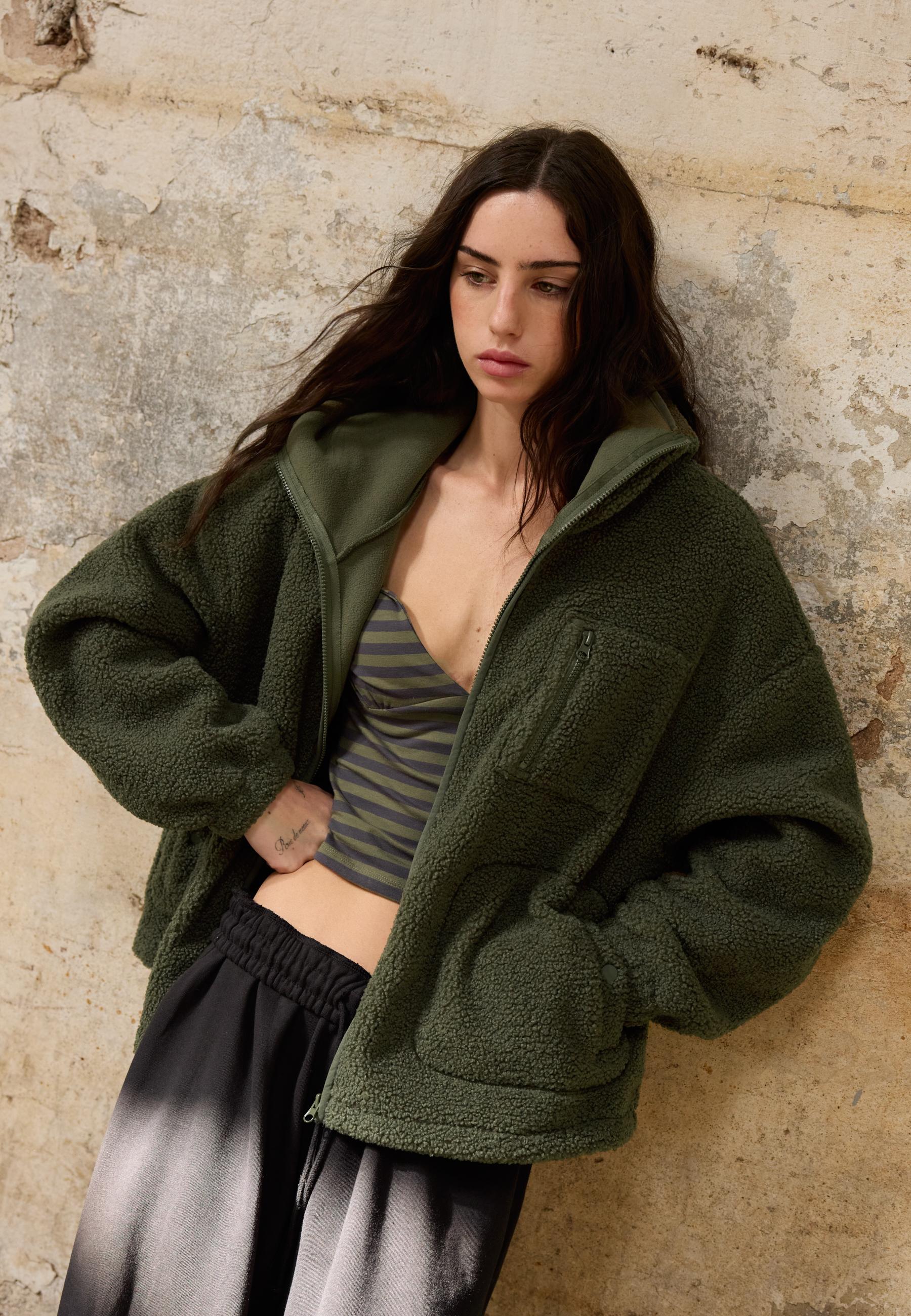 Faux shearling coat with toggles — Khaki