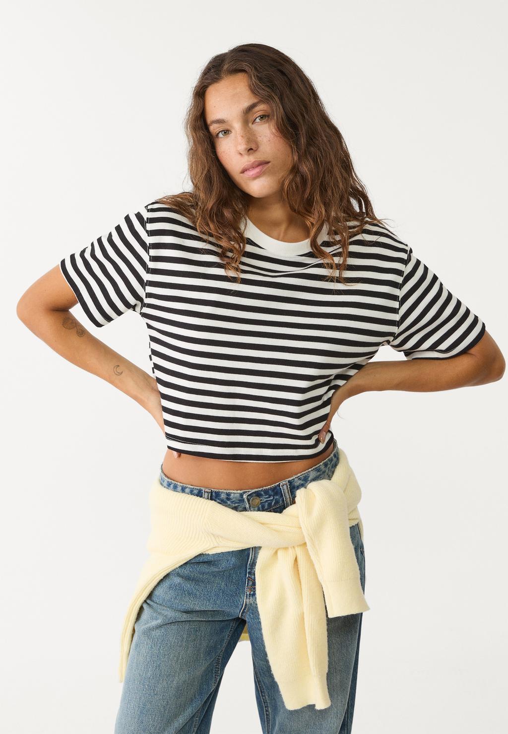 Cropped cotton T-shirt with stripes