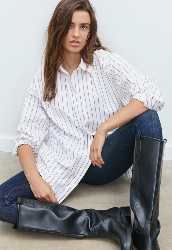 cizgili poplin uzun gomlek