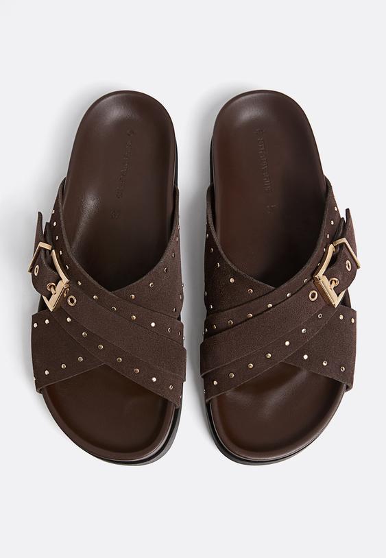 leather flat slider sandals with studs