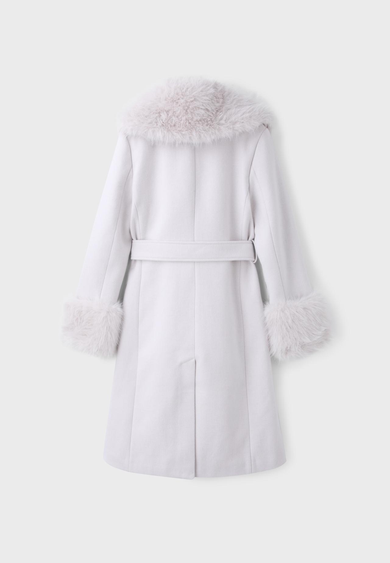 Wool-blend faux fur collar coat — Ecru