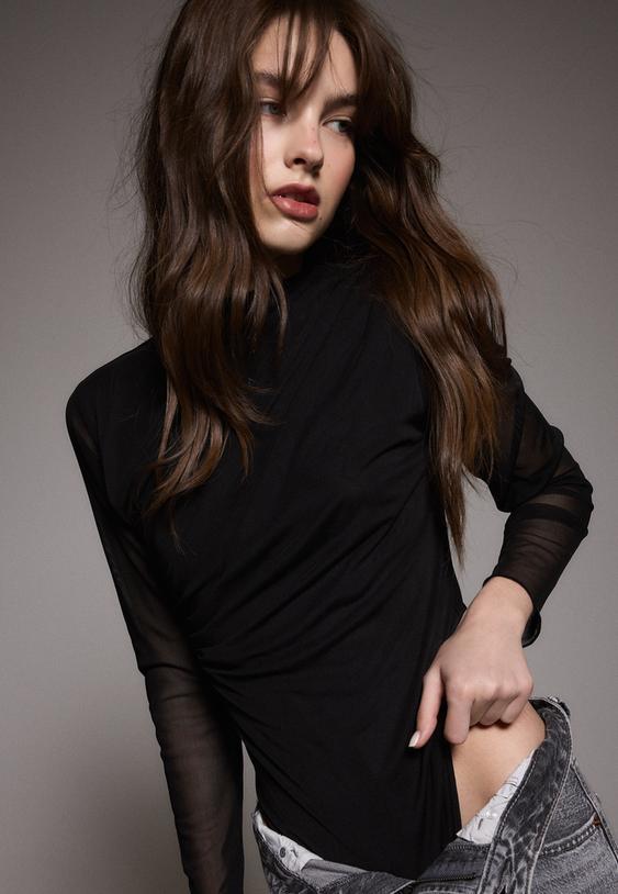 Stradivarius Ruched Tulle Bodysuit Black S