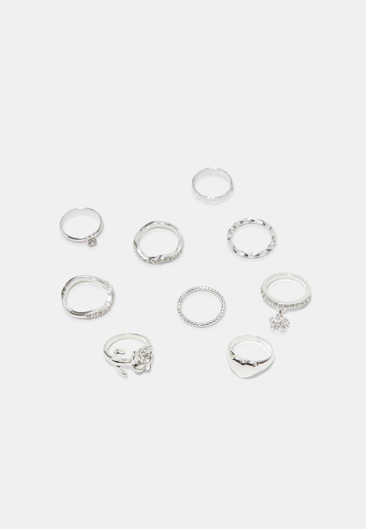 Set of 9 rose and rhinestone rings — Grey