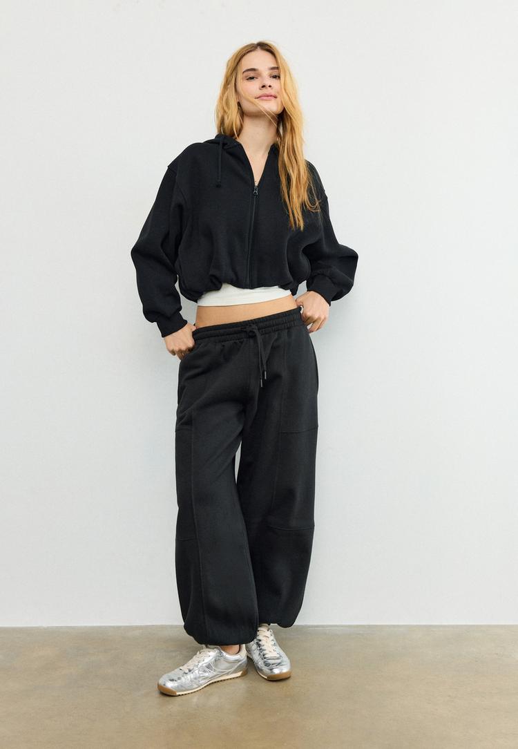 Stradivarius Φούτερ Bomber Με Κουκούλα Και Τύπωμα Μαύρο Xl