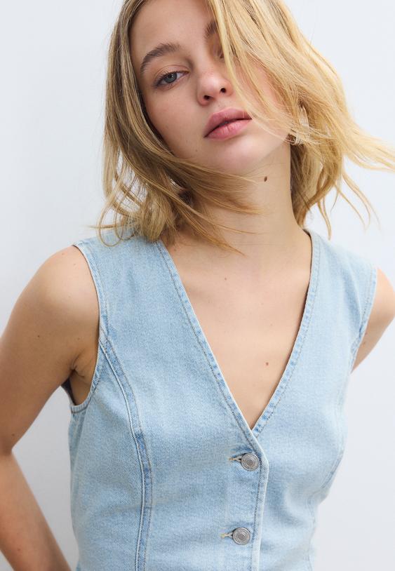 Stradivarius Fitted Denim Top Medium Blue Denim Xs