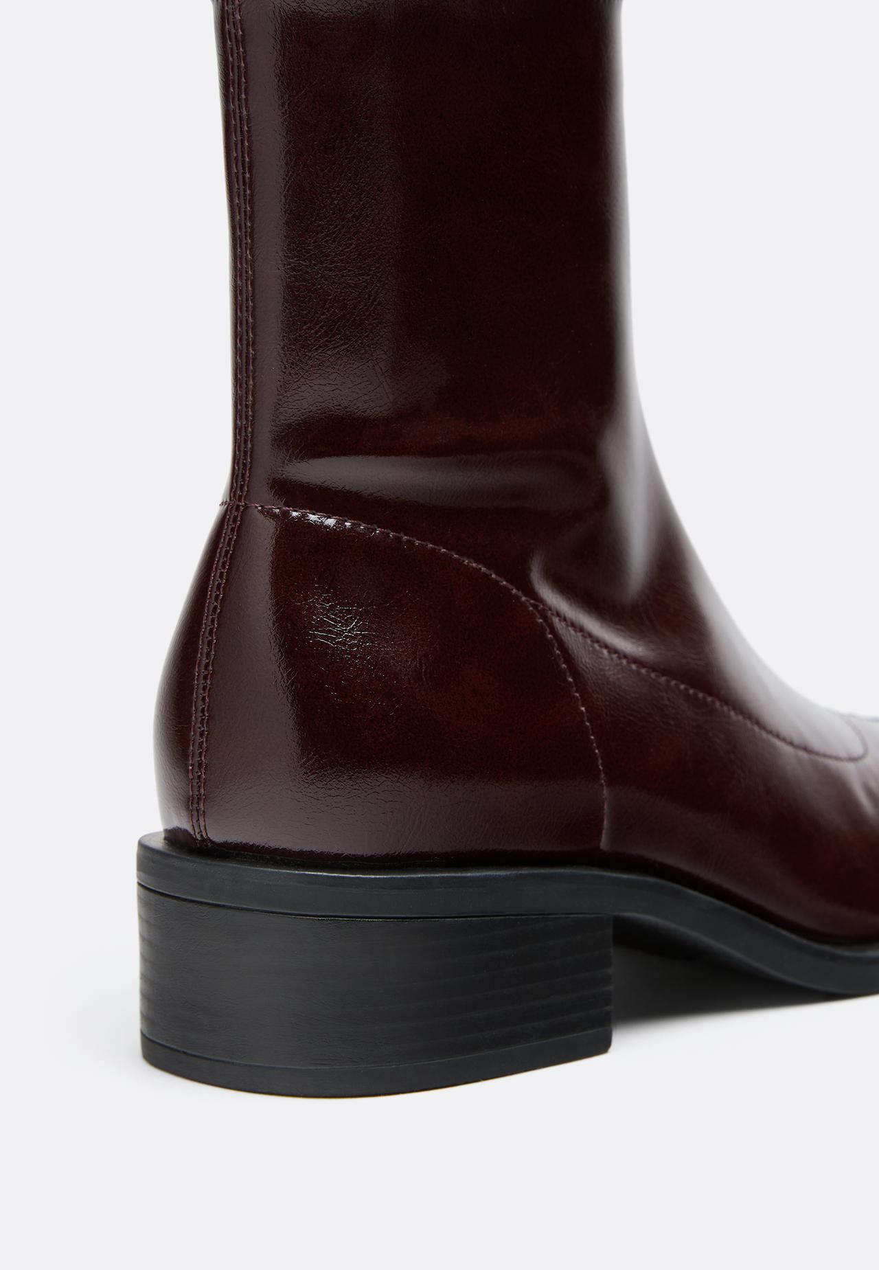 Flat stretch leather effect ankle boots — BURGUNDY 