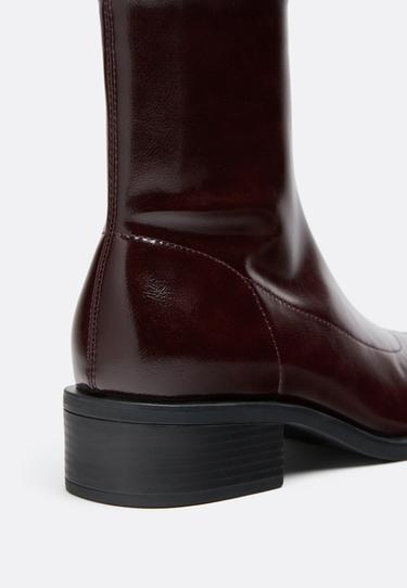 Flat stretch leather effect ankle boots — BURGUNDY  4