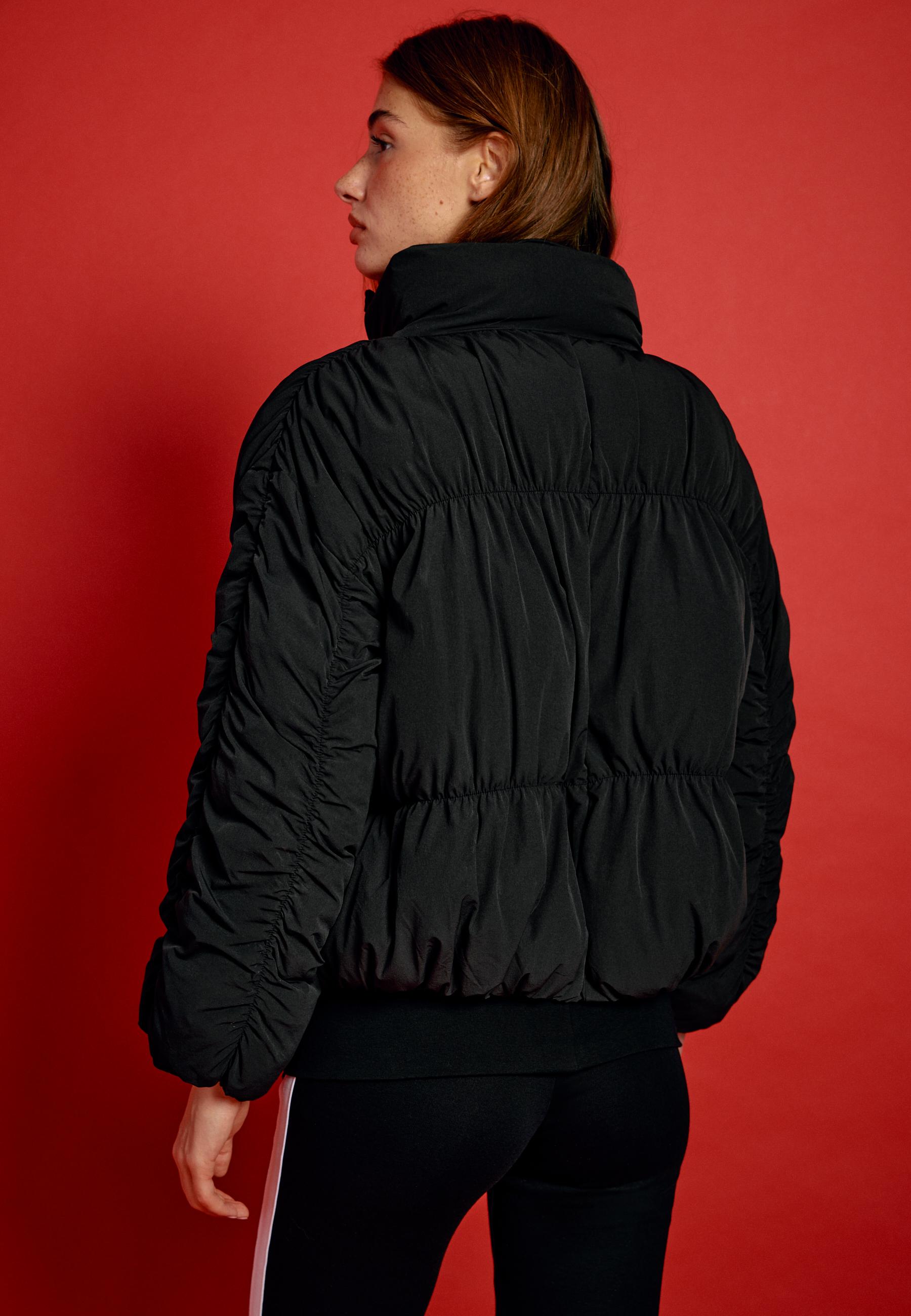 Padded jacket with high neck and gathered detail — Black