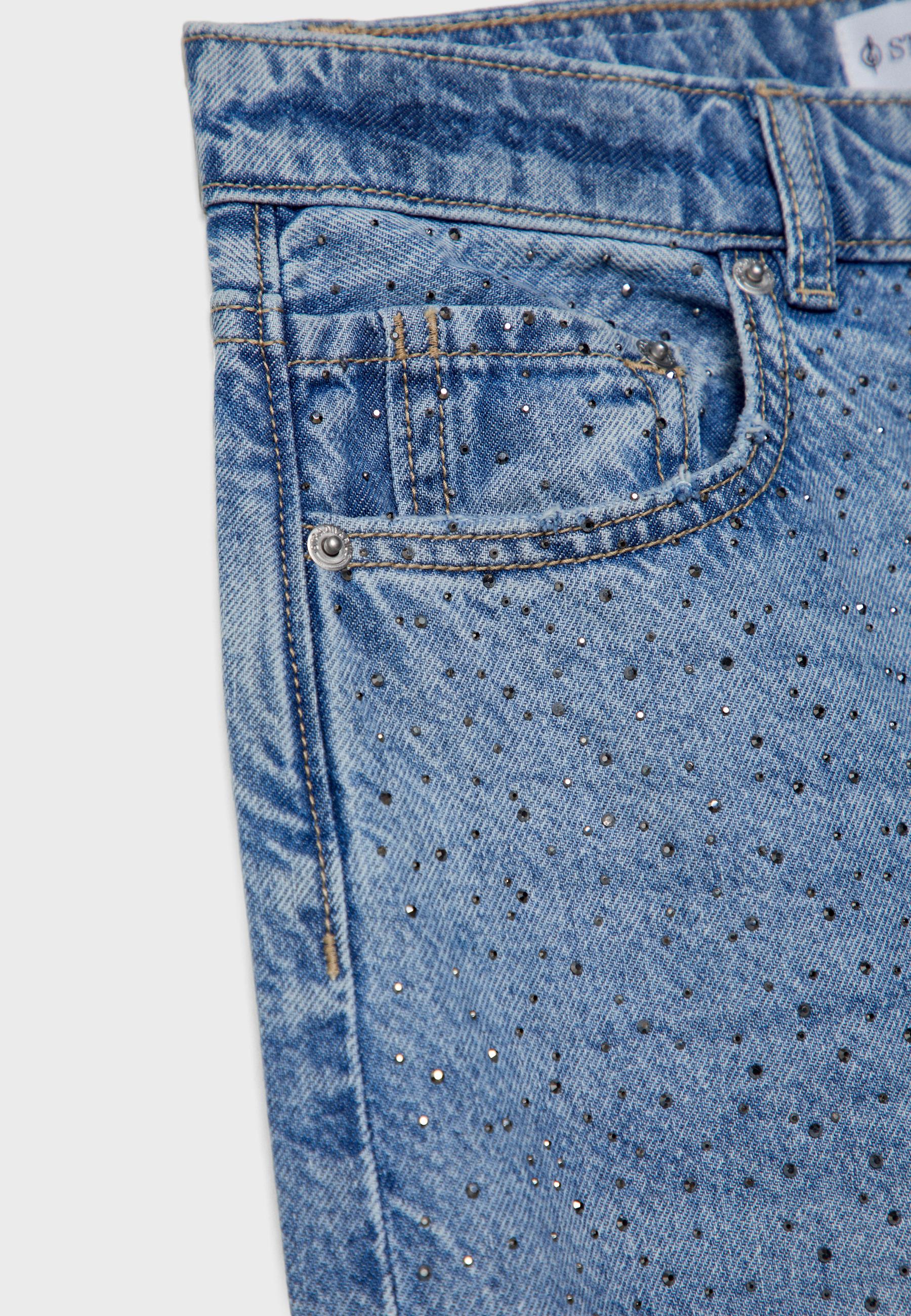 Straight-leg jeans with rhinestones — MEDIUM BLUE DENIM