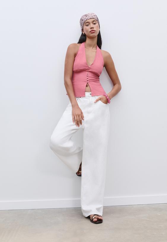 halter neck button up top with linen effect