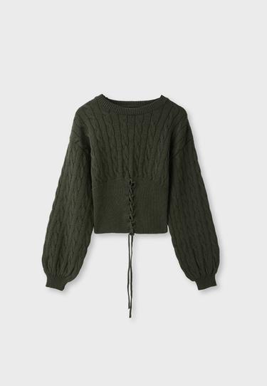 Cable-knit jumper with tie — Khaki 7