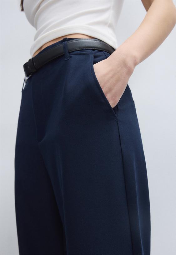 duz kesim dokumlu kemerli pantolon