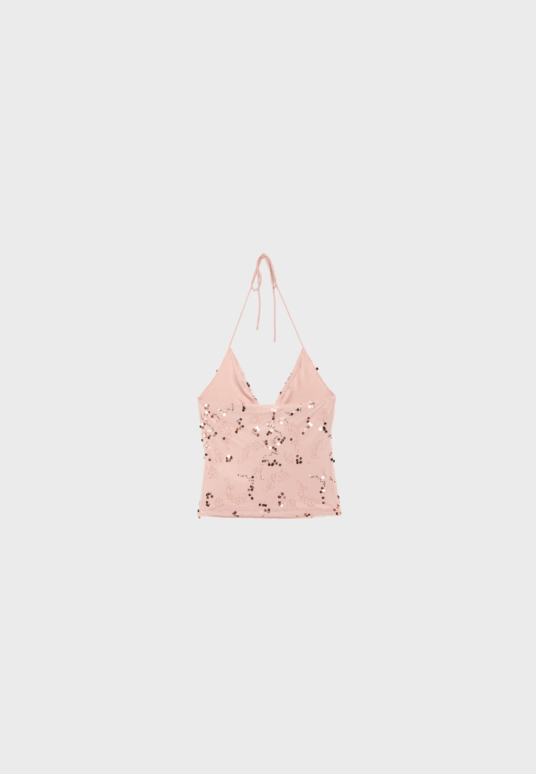 Embroidered sequin halter top — Salmon pink