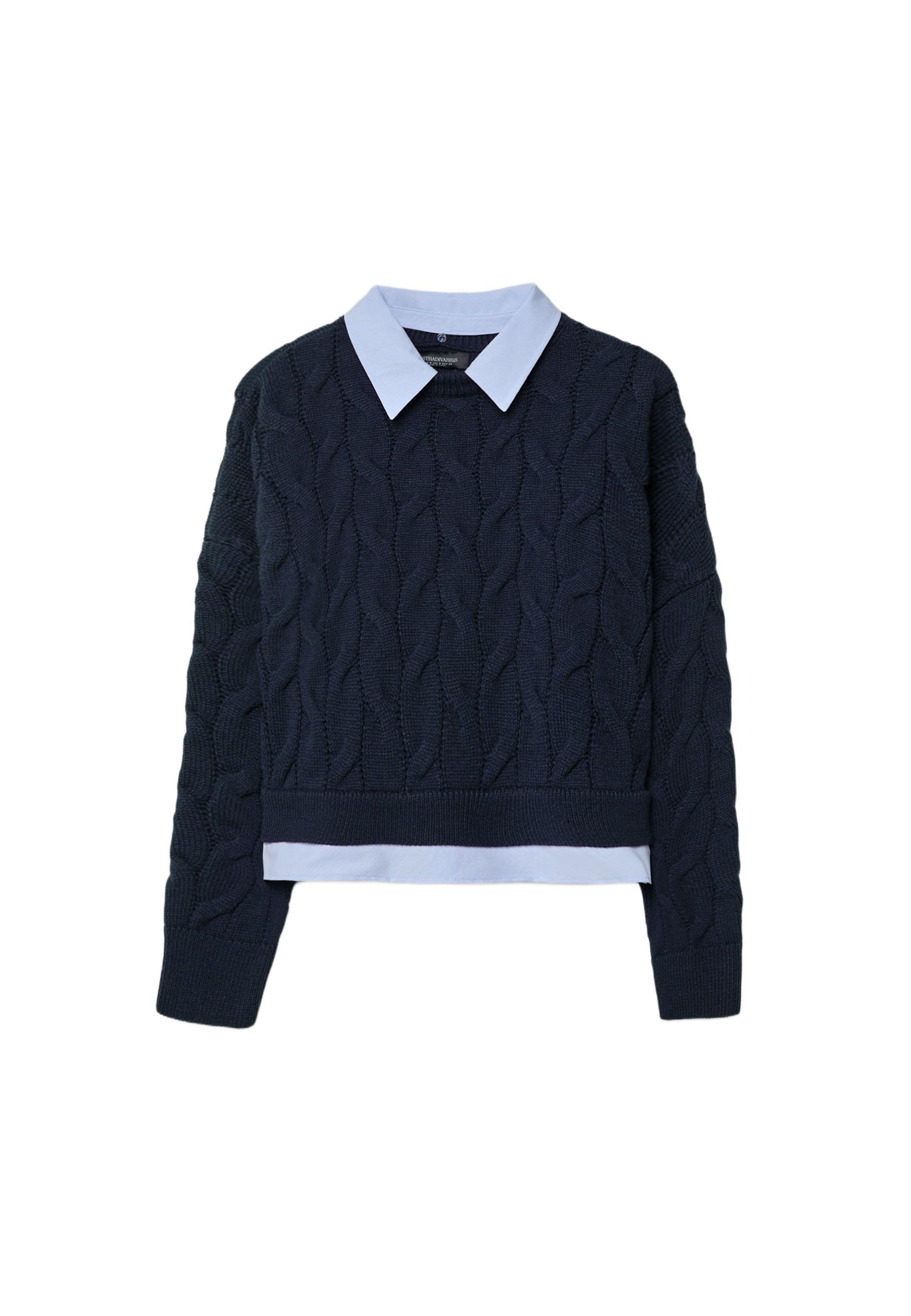 Two-fabric knit sweater with detachable collar — Navy blue
