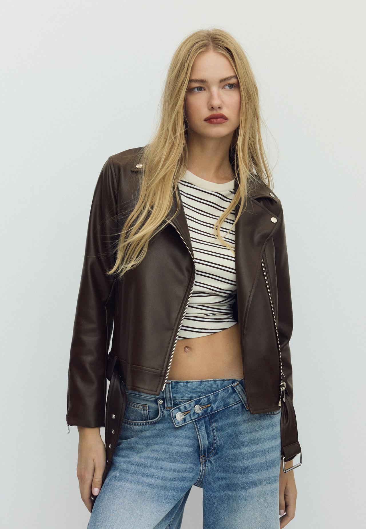 Leather effect biker jacket — Brown
