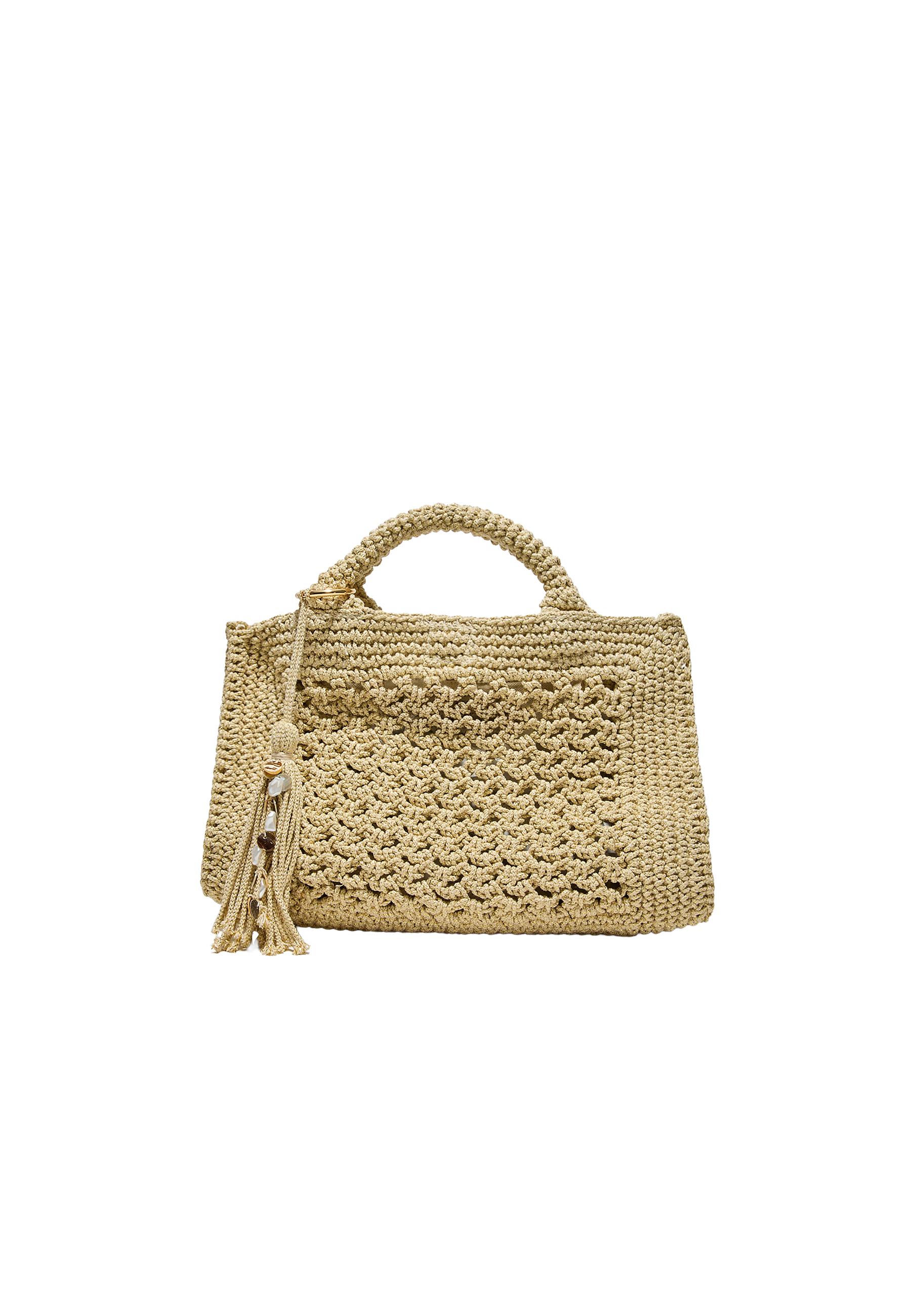 Metallic yarn crochet tote bag — Ecru