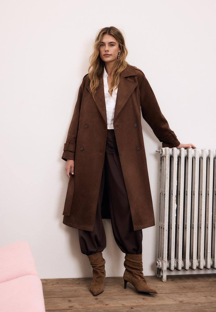 Stradivarius Μακρύ Trench Συνθετικό Σουέντ Καφέ Xs