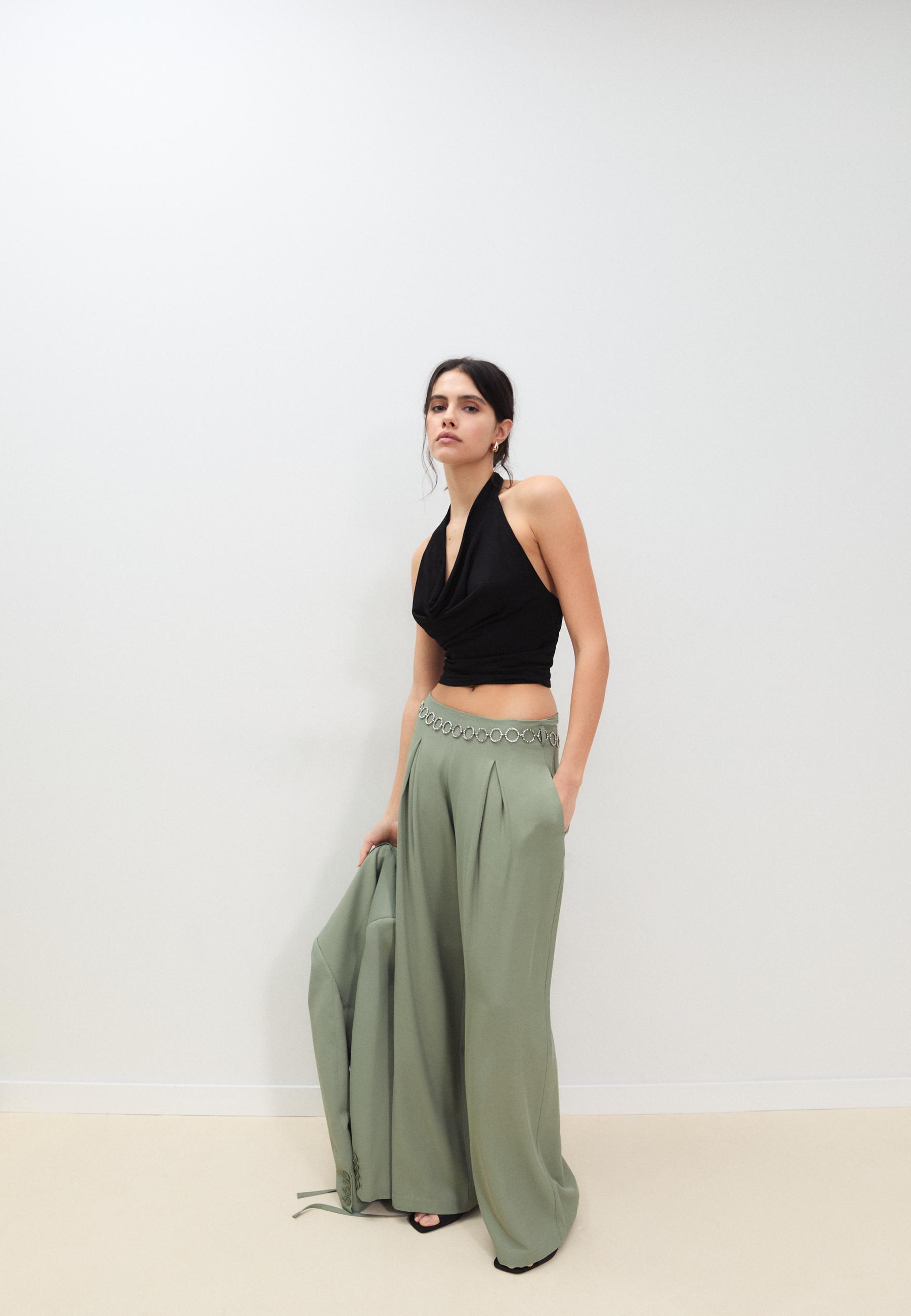 Satin darted trousers with chain belt — Khaki