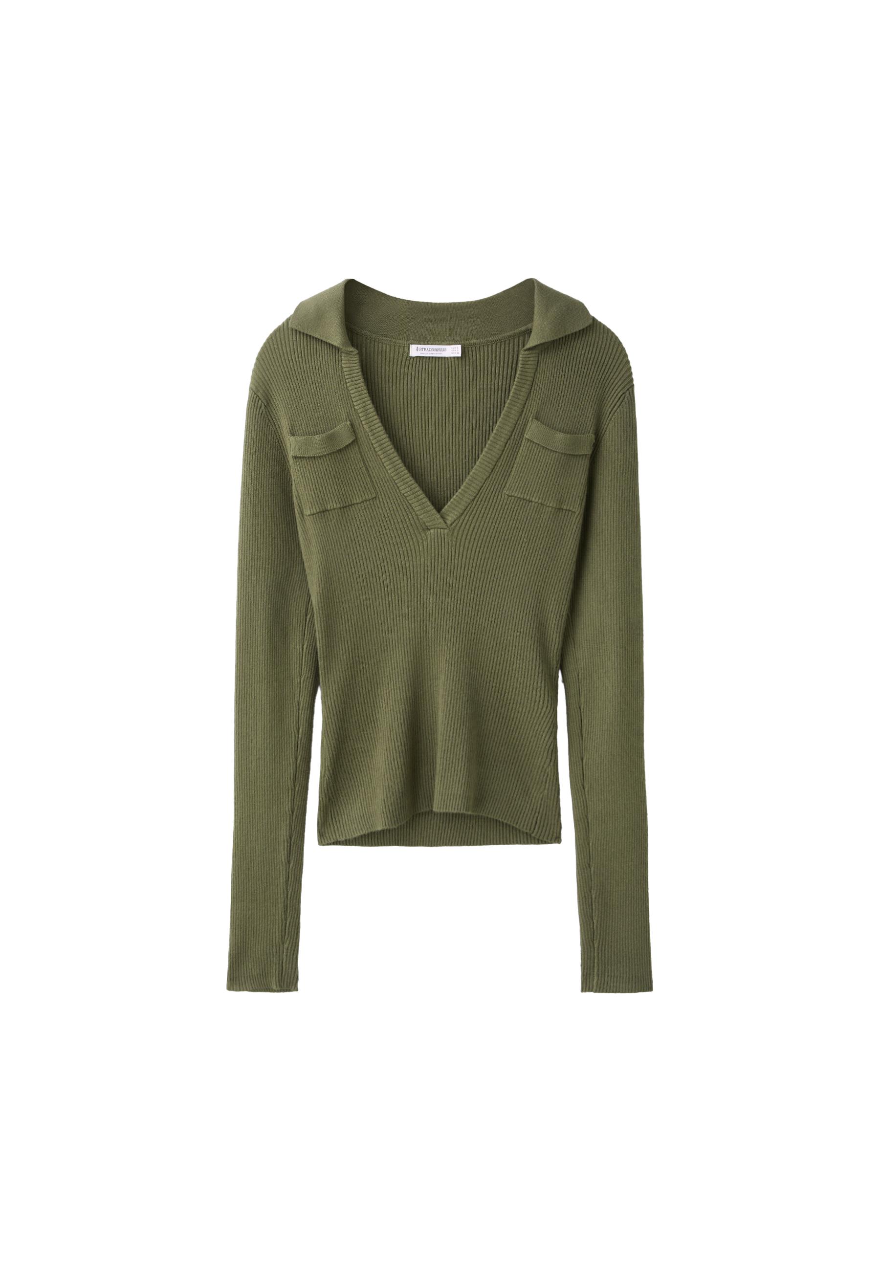 Polo collar knit jumper with pockets — Khaki