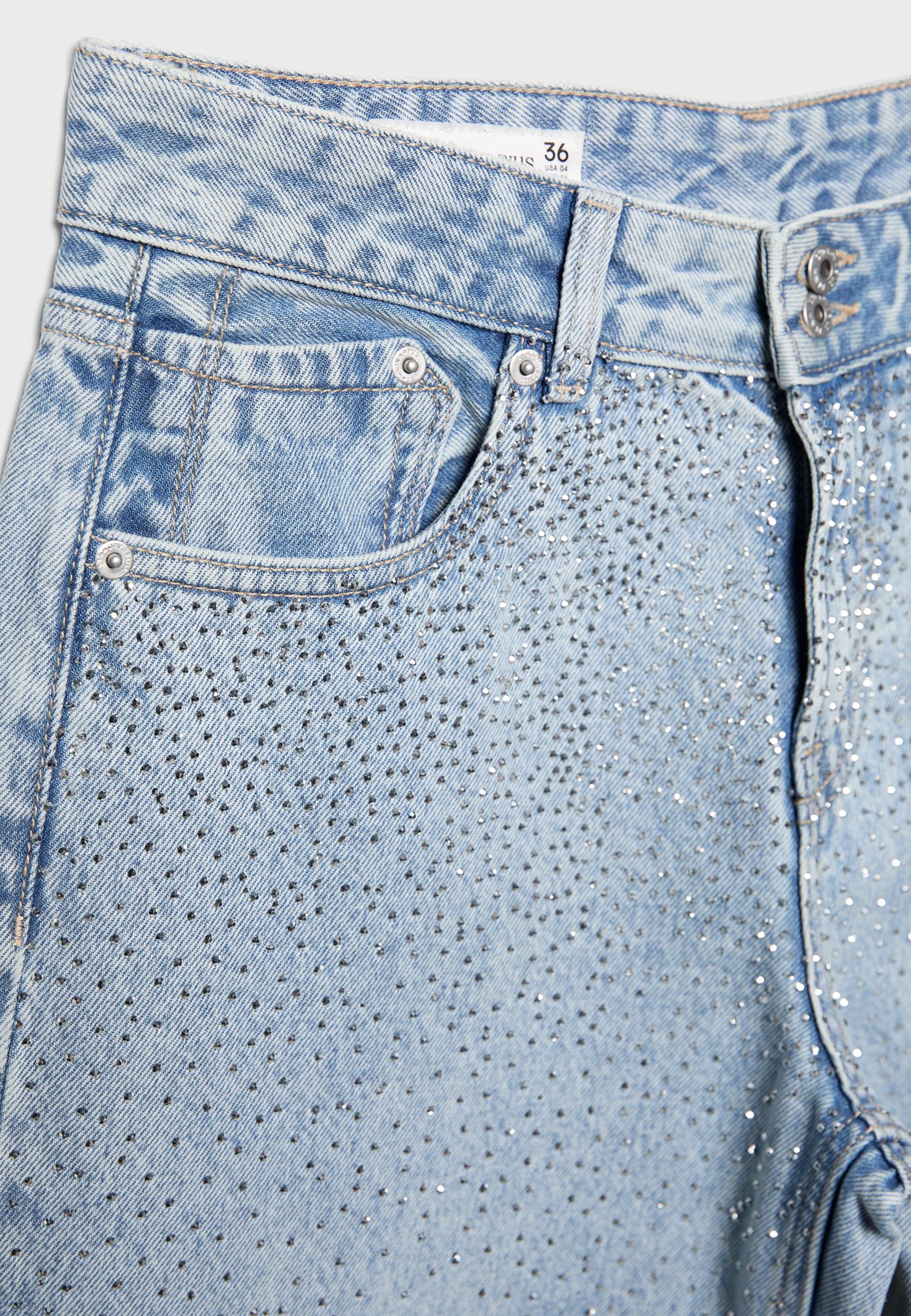 Low-waist wide-leg jeans with rhinestones — MEDIUM LIGHT BLUE DENIM