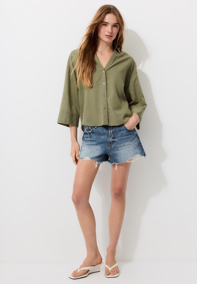 Stradivarius – Kimonoärmskjorta I Linne-Look