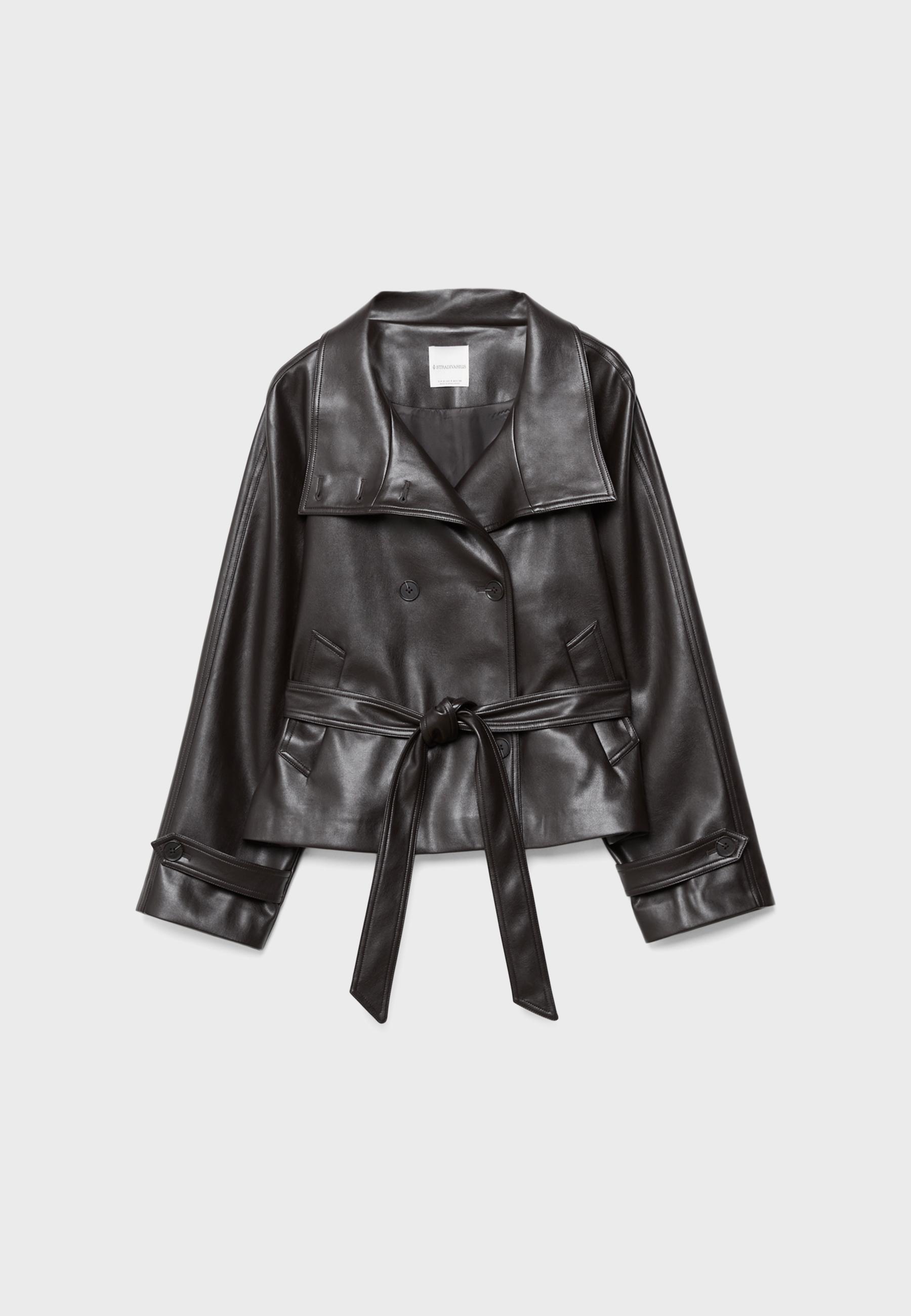High neck leather effect trench coat — Brown