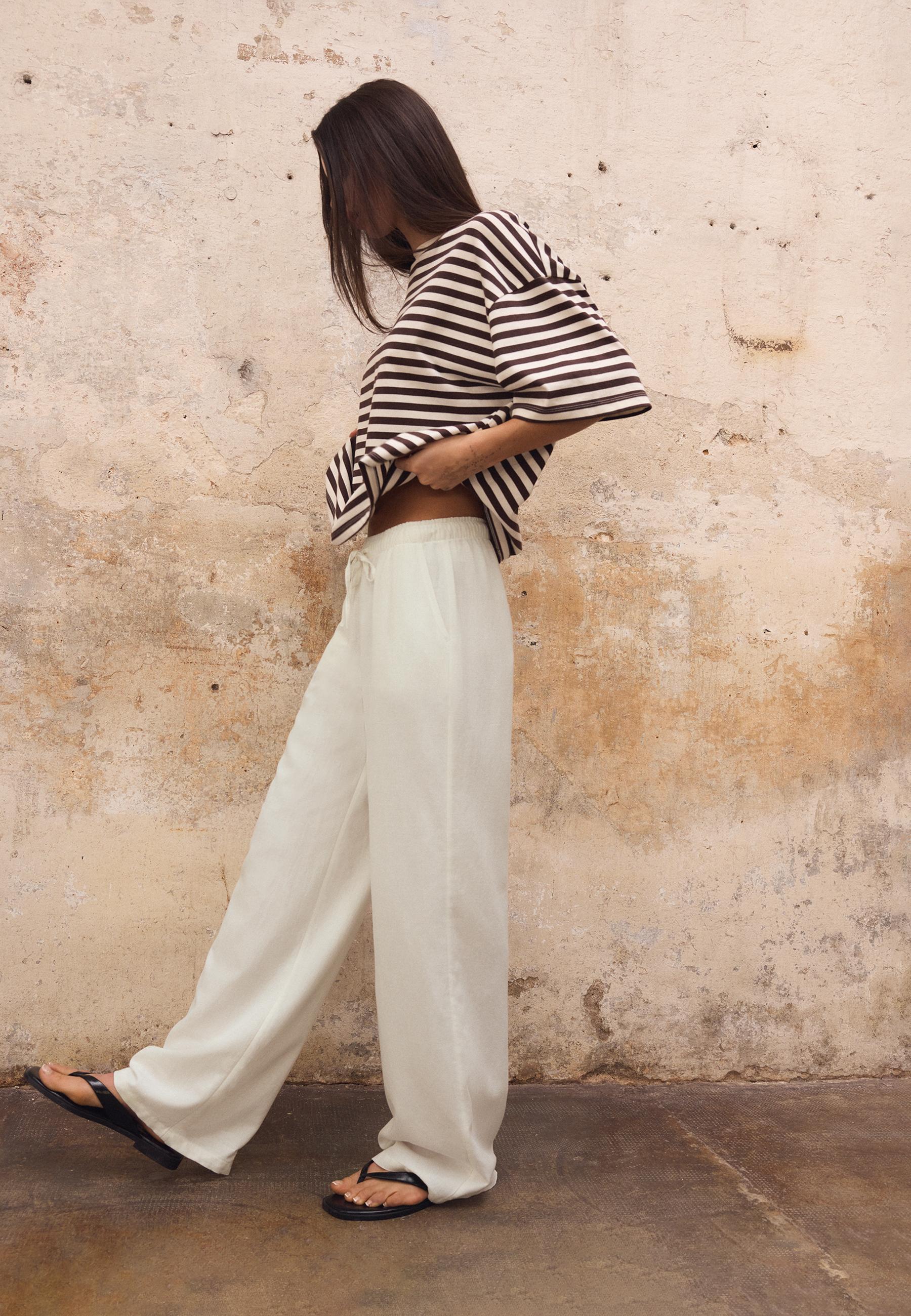 Linen-effect drawstring trousers — White