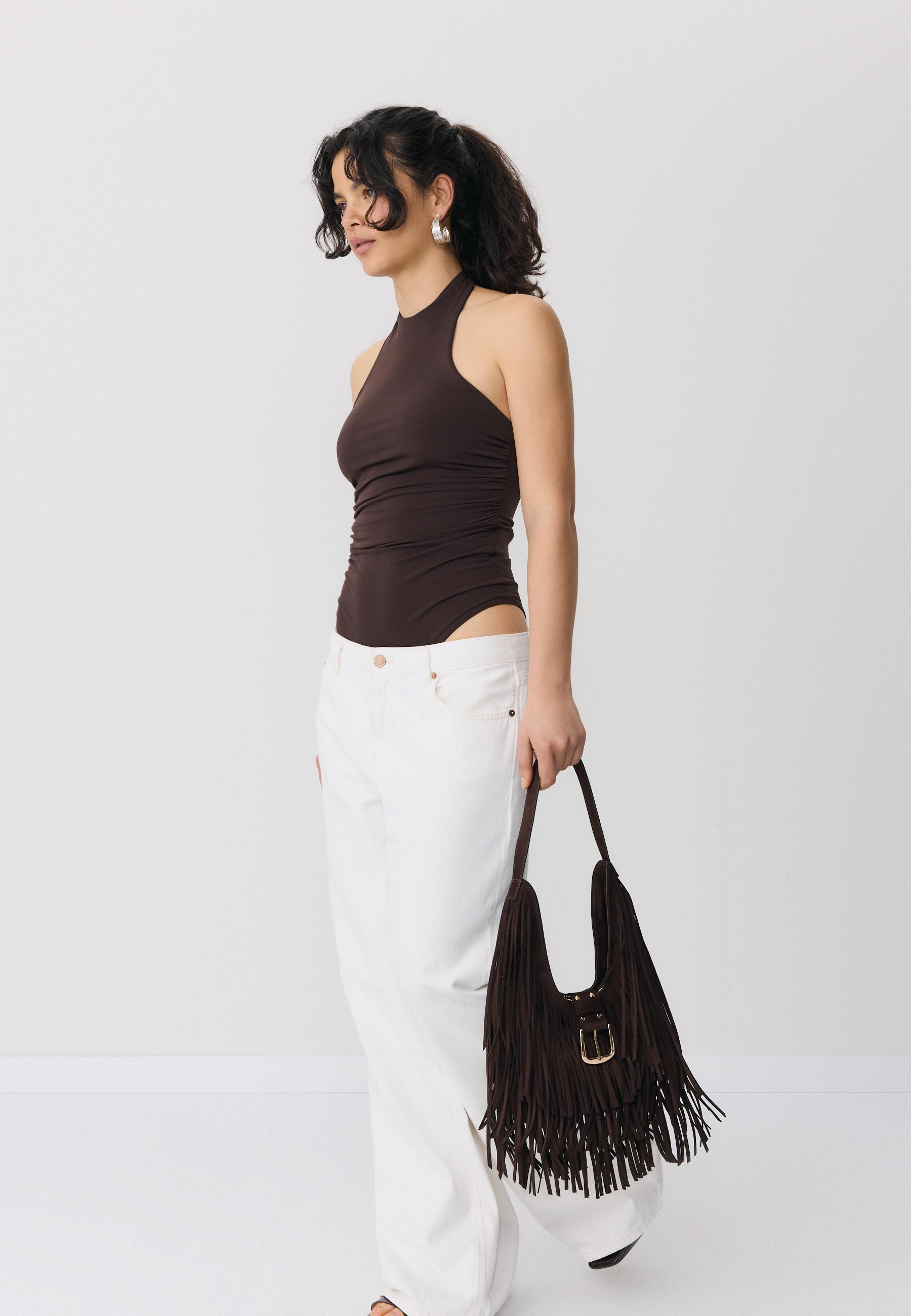 Shoulder bag with fringe and buckle detail — Brown
