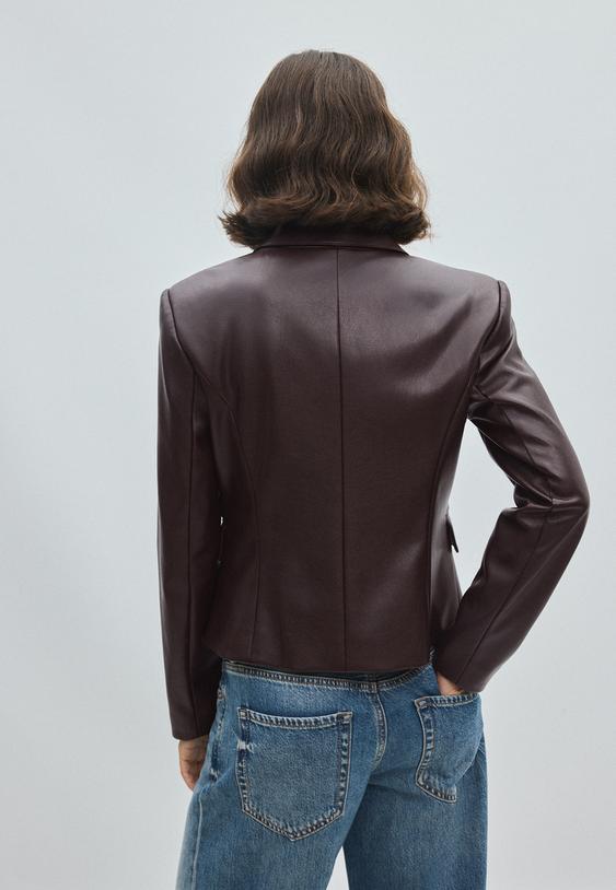 Stradivarius Cropped Fitted Leather Effect Blazer Brown M
