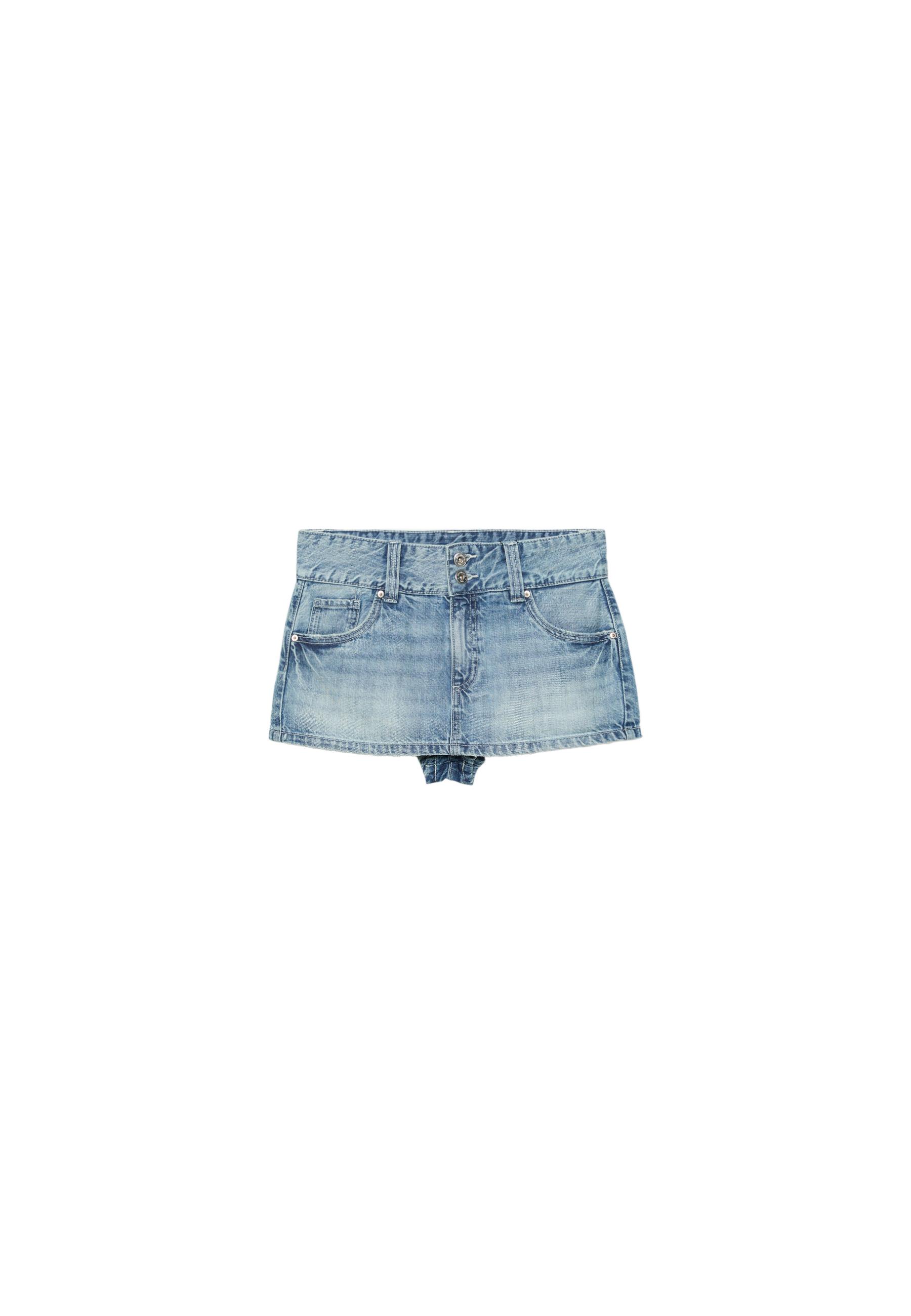 Low-waist denim skort with detailing — OVERDYED BLUE DENIM