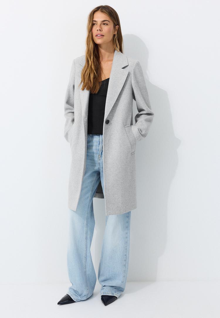 Stradivarius Palton Midi Cu Nasture Gris Amestec Xl